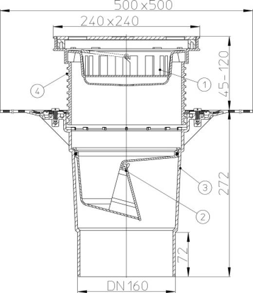 Perfektablauf DN110 senkrecht mit Bitumenmanschette und Wassergeruchsverschluss, 240x240mm / Edelstahlrost 226x226mm  HL616HSW/1